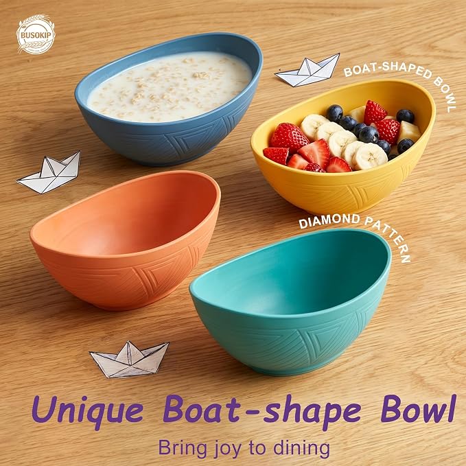 Wheat Straw Bowls 26oz, Unbreakable Ramen Bowl Set of 6, Oval Plastic Bowls for Salad, Pho, Cereal, Microwave & Dishwasher Safe Soup Bowl for Kitchen, Camping, RV, Party - Multi