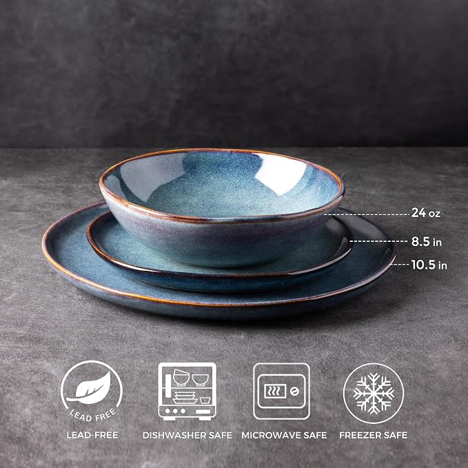 AmorArc Ceramic Dinnerware Sets for 4, 12Pcs Plates and Bowls Sets Dishes | Stoneware Handmade Reactive Glaze Dinner Set, Highly Scratch Resistant | Dishwasher & Microwave Safe Dishware