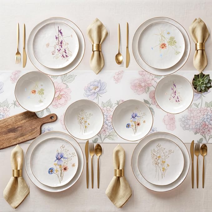 Sango 12-Piece Luxury Porcelain Dinnerware Set for 4- Glossy White Plates and Bowls Sets with Wildflower Patterns and Gold Rims, Ceramic Dish Set, Elegant Dishes for Everyday Dining, Gansevoort