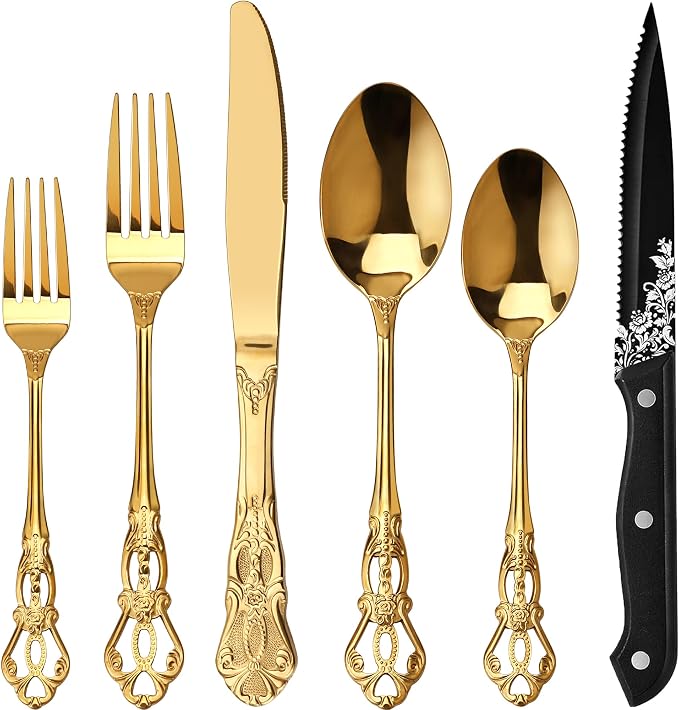 Runfly Gorgeous Retro Royal Gold Stainless Steel 48-Piece Flatware Set | Silverware Set for 8, Anti-rust Cutlery Set Utensils Kitchen Including Fork Spoon and Knife