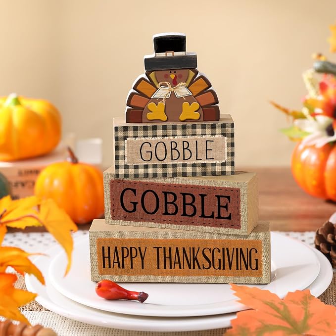Lineshading 4 Pcs Fall Table Decorations Wooden Thanksgiving Turkey Decor | Turkey Tiered Tray Decor for Fall, Wooden Stacked Signs with Happy Thanksgiving Sayings, Rustic Autumn Tabletop Accents