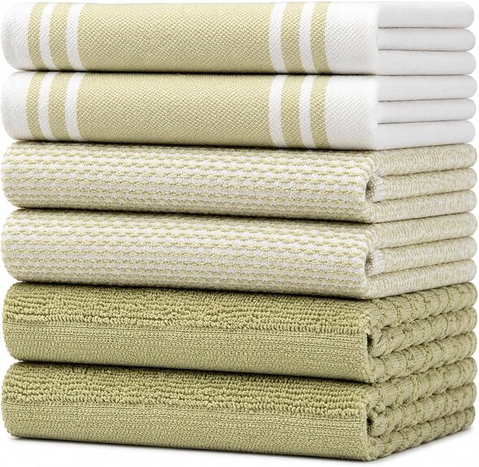 Premium Kitchen Towels 6 Pack 100% Cotton 20"x28" Dish Towels - Sage Wide | Large Flat & Terry Kitchen Linen Set with Hanging Loops, Highly Absorbent for Washing and Drying Dishes