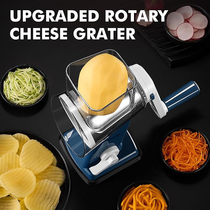 Geedel Upgraded Rotary Cheese Grater Hand Crank, Vegetable Shredder Slicer | 4 Blades, Stronger Suction Base, Wider Chute, 18x Faster Cutting, No BPA, Stainless Steel, for Cheese, Veggies, Nut