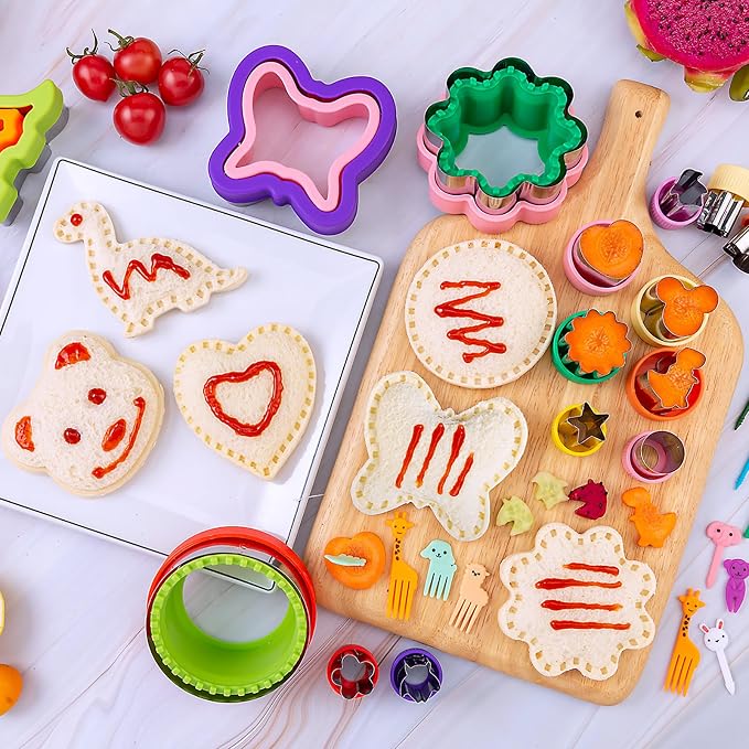 Sandwich Cutters for Kids Lunch 48 Pcs | Cookie Cutters Set, Vegetable Fruit Cutters Shapes, Stainless Steel, Biscuit Cutters, Dinosaur Mouse Heart Star
