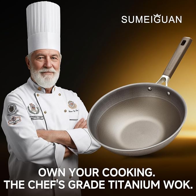 13" Titanium Wok Pan with Lid,Non-stick Flat Bottom Titanium | PFAS & PFOA free,Non-toxic, Fits induction & gas stoves,Traditional Chinese Pan for Stir Fry