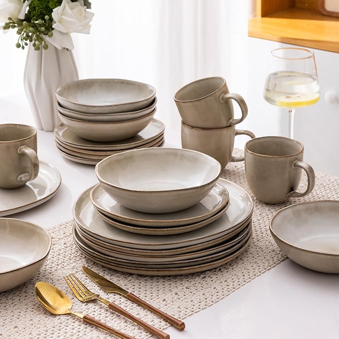 AmorArc Ceramic Dinnerware Sets for 4, 12Pcs Plates and Bowls Sets Dishes | Stoneware Handmade Reactive Glaze Dinner Set, Highly Scratch Resistant | Dishwasher & Microwave Safe Dishware-Cappuccino