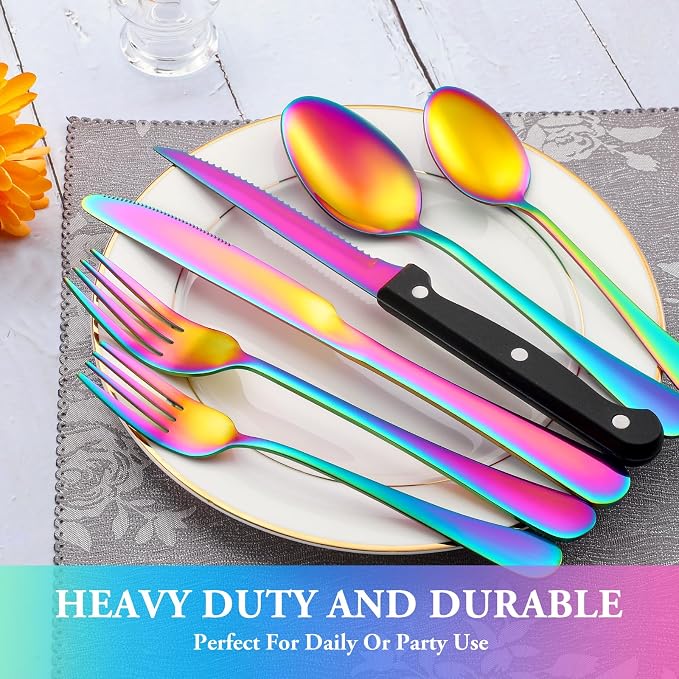 72 Pcs Rainbow Silverware Set with Steak Knives, Stainless Steel Flatware Cutlery Set for 12, Kitchen Tableware Sets, Utensil Sets for Home and Restaurant, Dishwasher Safe
