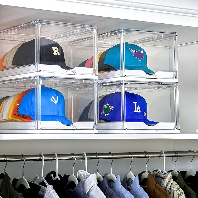 Vtopmart 4 Pack Stackable Baseball Caps Organizer, Each Holds 12 hats | with Sliding Drawer, Magnetic Door, Stackable, Transparent