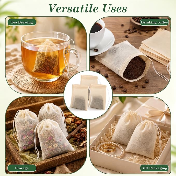 300PCS Disposable Tea Filter Bags with Drawstring | 100% Natural & Safe Loose Leaf Tea Empty Tea Bags, 1-Cup Capacity