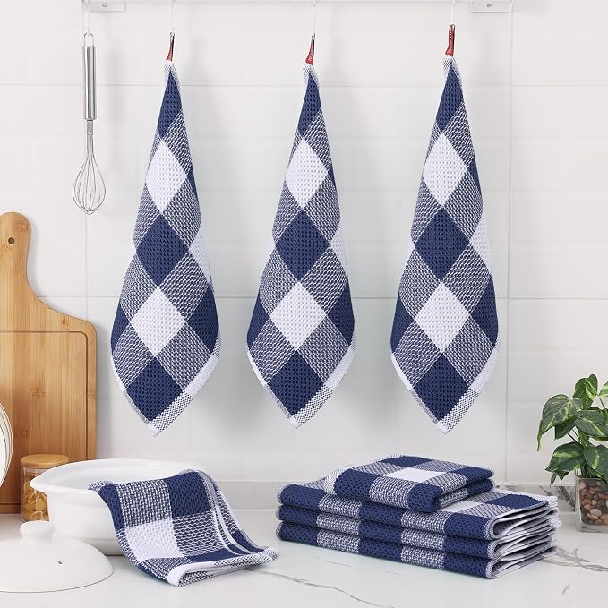 Homaxy Kitchen Towels and Dishcloths Set, Set of 10, White & Navy Blue | Bulk Cotton Waffle Weave Check Plaid Kitchen Towels, Super Soft and Absorbent Dish Cloths, 12 x 12 and 13 x 28 Inches