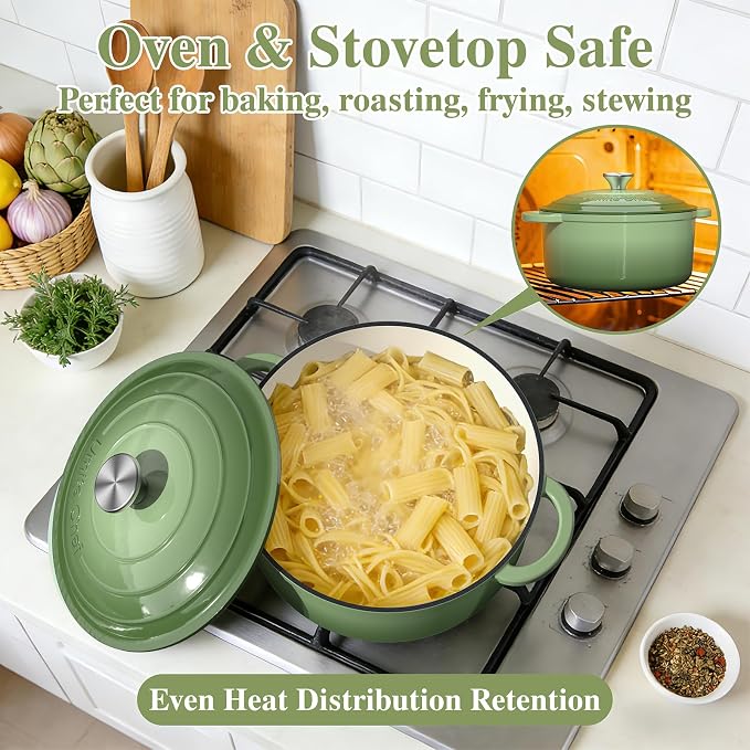 Umite Chef Enameled Cast Iron Dutch Oven-7QT Pot with Lid Cookbook & Cotton, Heavy-Duty Cookware for for Bread Baking, Braising, Stews, Marinate, Cook(Sage Green)