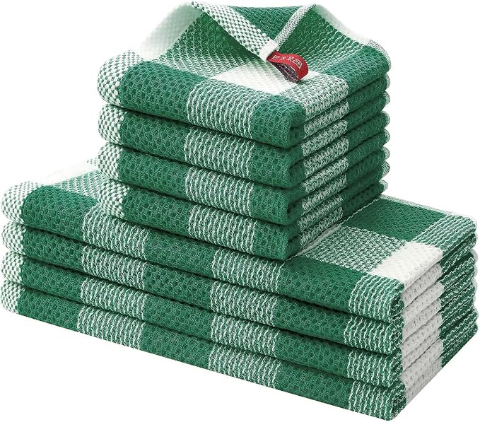 Homaxy Kitchen Towels and Dishcloths Set, Set of 8, White & Dark Green | Bulk Cotton Waffle Weave Check Plaid Kitchen Towels, Super Soft and Absorbent Dish Cloths, 12 x 12 and 13 x 28 Inches