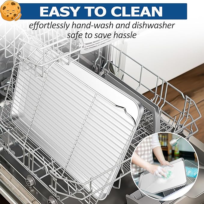 TeamFar Baking Sheet with Cooling Rack Set, 17.6 x 13 x 1 inch | Stainless Steel Half Size Baking Pan Cookie Sheet with Baking Rack, Non Toxic & Heavy Duty, Mirror Finish & Dishwasher Safe