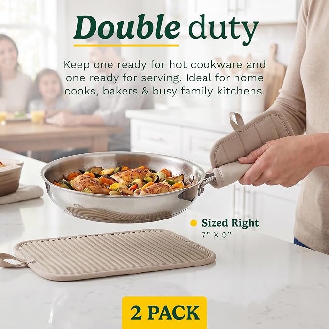 Cuisinart Silicone Pot Holders, Set of 2 7"x9", Heat Resistant 500F | Non-slip grip back is waterproof, hand pocket for secure hold, doubles as a trivet, wipe clean, hanging loop