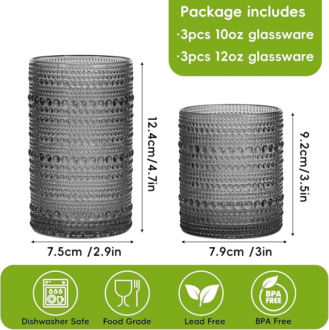 Moretoes Gray Hobnail Drinking Glasses Set of 6,Glass Cups | 12 Oz Highball Glasses & 10 Oz Cocktail Glasses, Kitchen Bar Tumbler Glassware Set for Whiskey, Beer, Juice, Milk