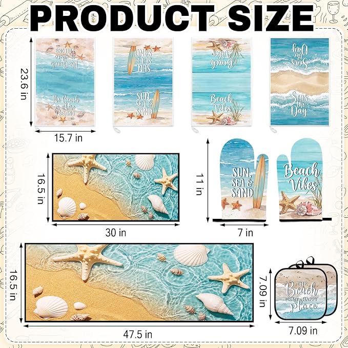 10 Pcs Kitchen Decor and Accessories Set, Beach Coastal | Ocean Summer 4 Dish Towels Kitchen Rugs 2 Oven Mitts 2 Pot Holders, Home Decor for Cooking Baking BBQ Housewarming