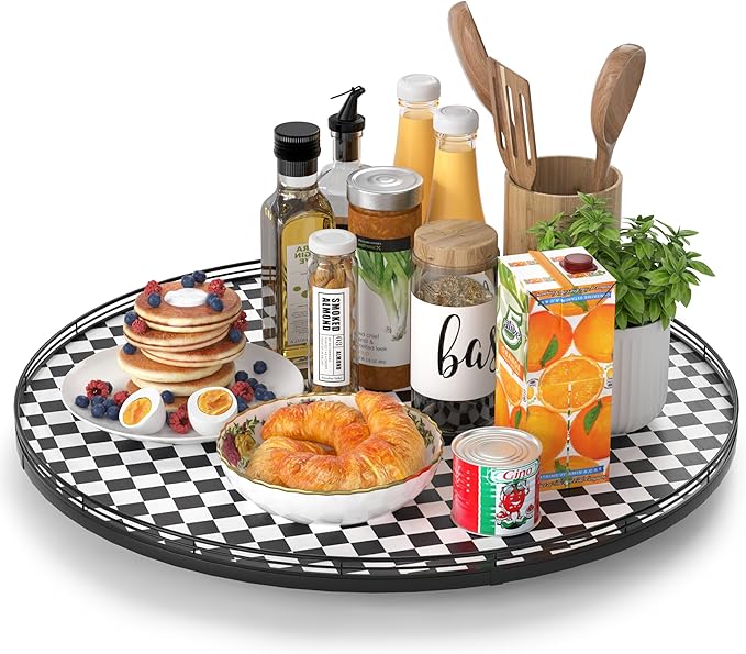AMH 24-Inch Black and White Checkerboard Lazy Susan Decorative Tray | Smooth rotating oak tray with walnut finish for dining tables, kitchen counters, pantries and cabinet storage.