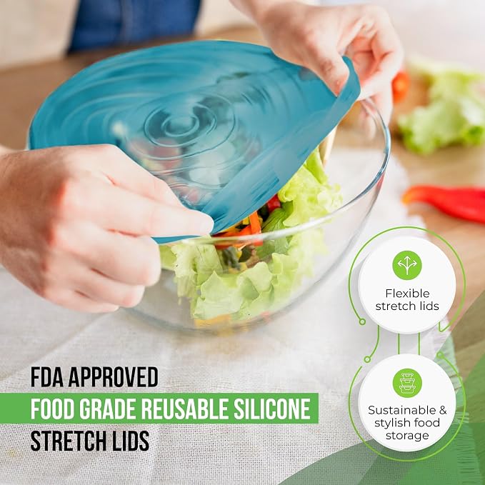 Reusable Silicone Stretch Lids for Food Storage in Fridge - Elastic Heat-Resistant Bowl Covers, Cups, Cans, Jars - Universal Food Grade Lid for Containers - 7 Pack - Blue Mist Stretchy Lid Set