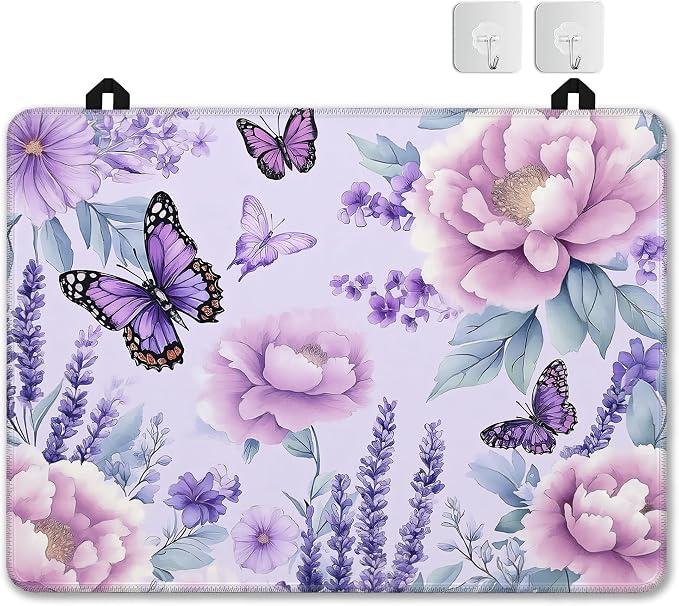 Purple Flowers Glass Top Stove Cover Protector,Watercolor Butterfly Heat Resistant Stove Top Cover, Large Size Range Covers for Electric Stove Countertop Mat, 28 x 20 Inch
