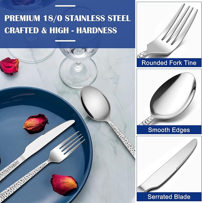 E-far 12-Piece Hammered Silverware Set, Stainless Steel Flatware Set for 4 | Mirror Polished Forks Spoons and Knives Utensils, Square Cutlery Set for Home Kitchen Restaurant, Dishwasher Safe