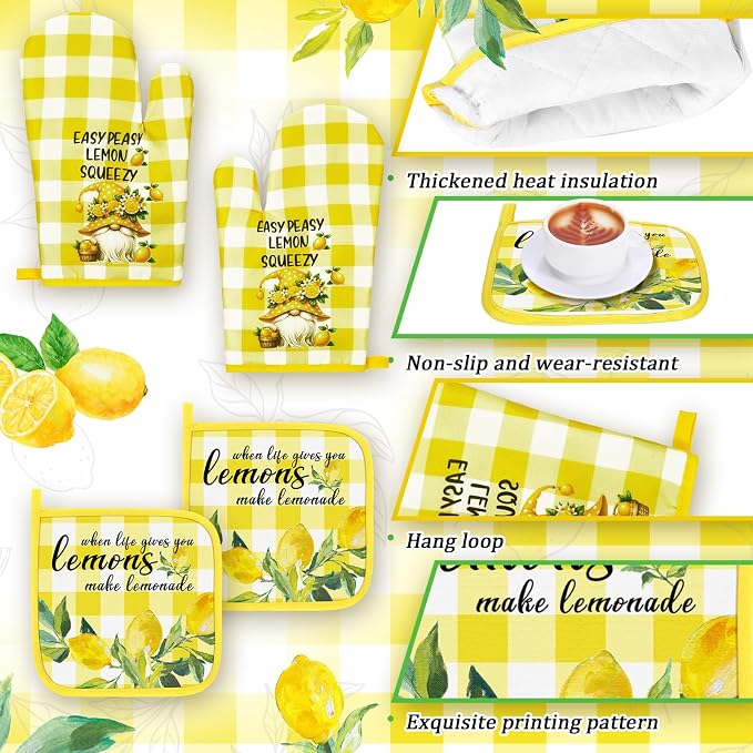 Fourluoo 10 Pcs Lemon Kitchen Decor Set Kitchen Towels and Rugs Oven Mitts and Pot Holders Set for Women Mom Gift Cooking Baking Grilling