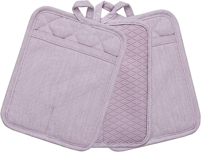 Pot Holders Yarn-Dyed Set of 3 Non Slip Silicone Kitchen Lines | Heat Resistant 500℉ Kitchen Gloves BBQ Baking Women Men Cooking Barbecue Microwave Machine Washable (Purple Potholders)