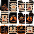 SiliFine 12 Pcs Halloween Spooky Kitchen Accessories Set Pumpkin Witch Pot Holders Ghost House Oven Mitts Spider Bat Kitchen Towels for Halloween Home Decorations, Cooking Baking