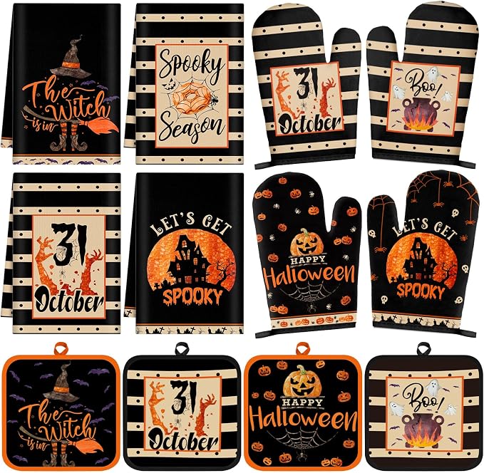 SiliFine 12 Pcs Halloween Spooky Kitchen Accessories Set Pumpkin Witch Pot Holders Ghost House Oven Mitts Spider Bat Kitchen Towels for Halloween Home Decorations, Cooking Baking