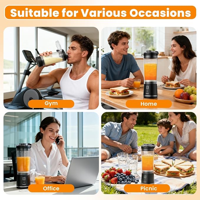 Personal Size Portable Blender for Shakes & Smoothies, 16oz Mini Small Smoothie Blender with On Go Lid & Sip Lid, 26000RPM Rechargeable Cordless Electric Blender for Travel Gym Office