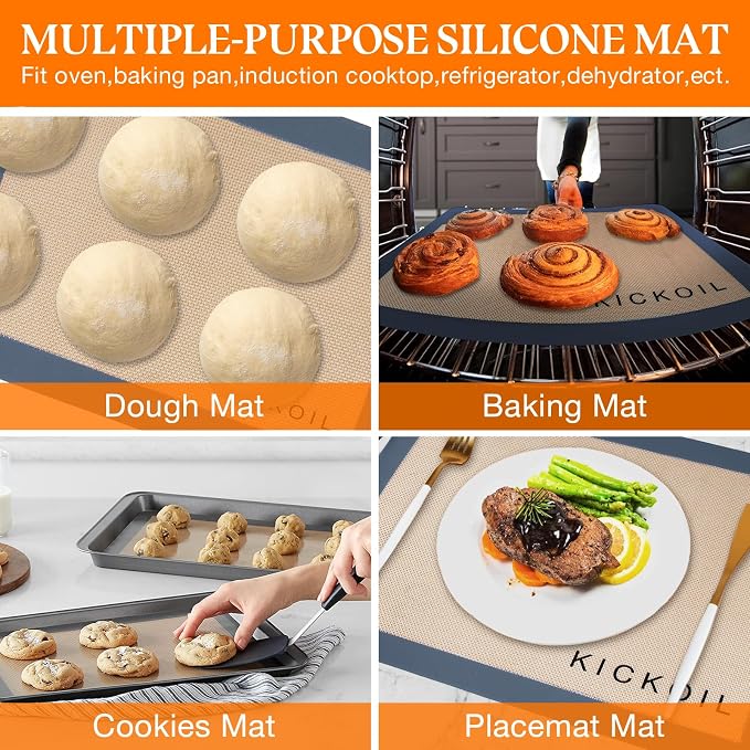 Silicone Baking Mats Set of 3, Non-Stick Reusable BPA-Free Oven Liners | Non Slip Silicone Baking Sheet for Cookies, Macarons, Bread and Pastry, 16.5'' x 11.6''(2 Half) & 11.6' x 8,5''(1 Quarter)