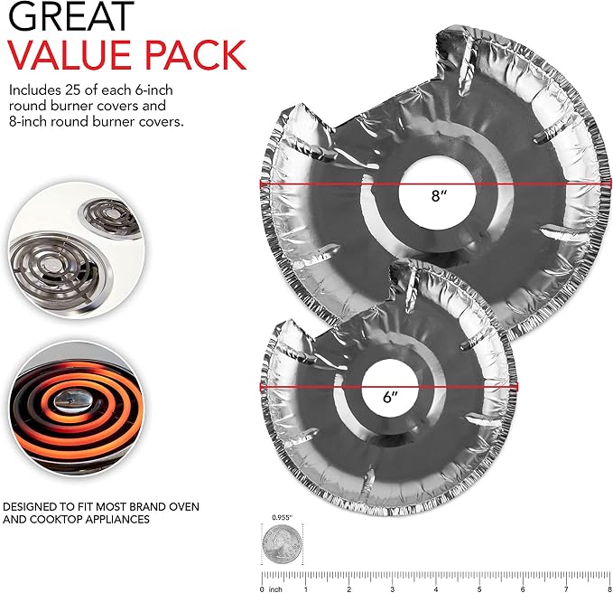Round Electric Stove Burner Covers (50 Pack) 6 Inch and 8 Inch Disposable Stove Top Aluminum Foil Bib Liners, to Keep Kitchen Range Clean from Oil and Food Drips, Stock Your Home