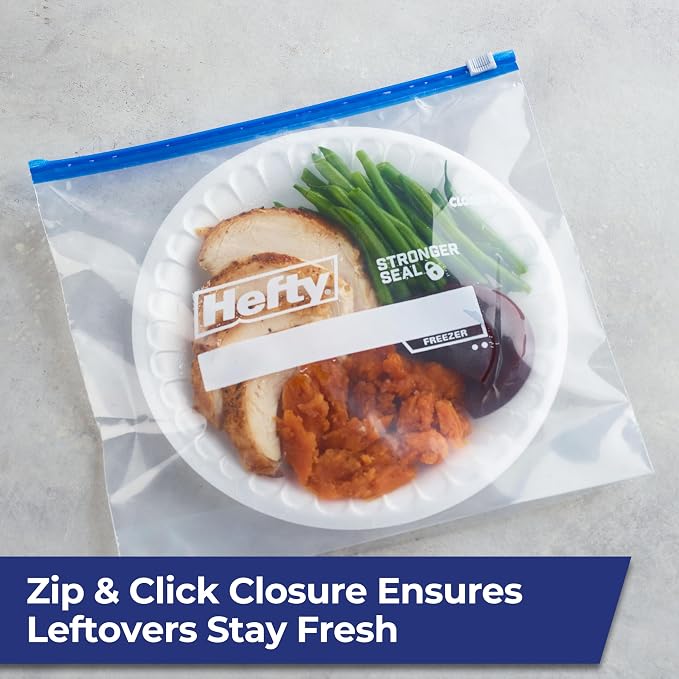 Hefty Slider 1 Gallon Freezer Bags, Gallon Slider Bags for Freezer, Holds Raw Meat, Soups, Prepped Fruits and Veggies, and More, Writable Label, Secure Zip_and Click Closure 56 Count (Pack of 4)
