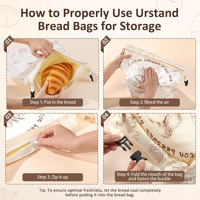 Beeswax Bread Bags for Homemade Bread, 3 Pack Large 16.9"x12.6" Reusable Natural Beeswax Lined Cotton Bags, Zipper and Lock Closure for Maximum Freshness, Zero Waste Kitchen Essential for Sourdough