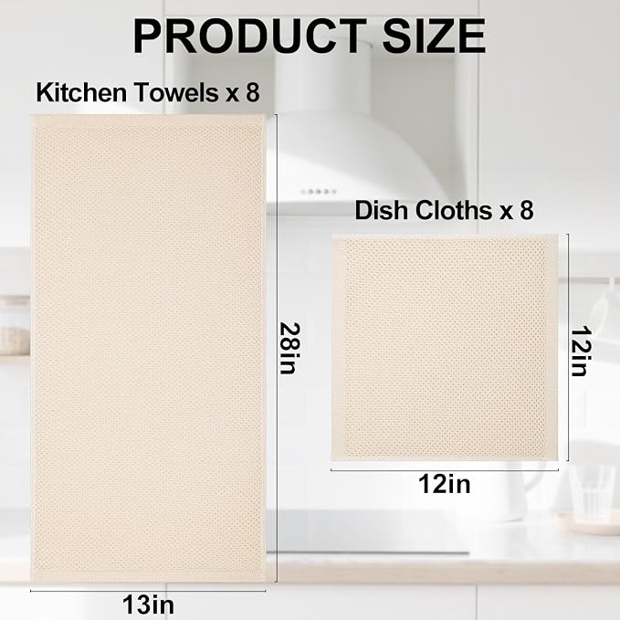 Homaxy 16 Pack 100% Cotton Kitchen Towels and Dishcloths Set, Mixed Color | 12 x 12 Inches and 13 x 28 Inches Kitchen Towels Set, Ultra Soft Absorbent Dish Cloths for Washing Dishes