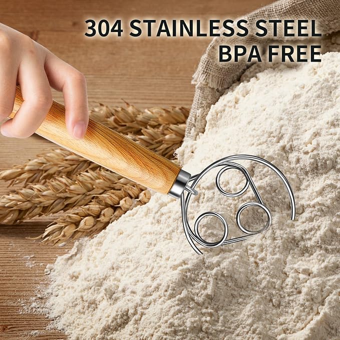 TEEVEA Danish Dough Whisk Wooden Handle Stainless Steel for Sourdough Bread | Dutch Dough Hook, Replaces Hand Mixer and Spoon, Bread Baking Tool, Food Grade Rust Resistant Steel, Non-Stick, Easy to Clean