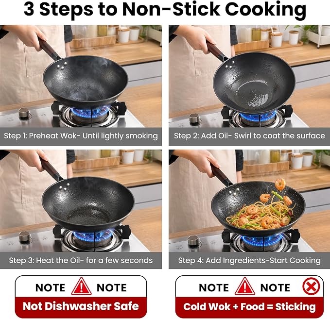 13 Inch Carbon Steel Wok with Lid, Large Flat Bottom Woks & Stir-Fry Pan | Large Chinese Wok Pan, 6.45QT, Nitrided Carbon Steel, No Chemical Coating, For All Stoves