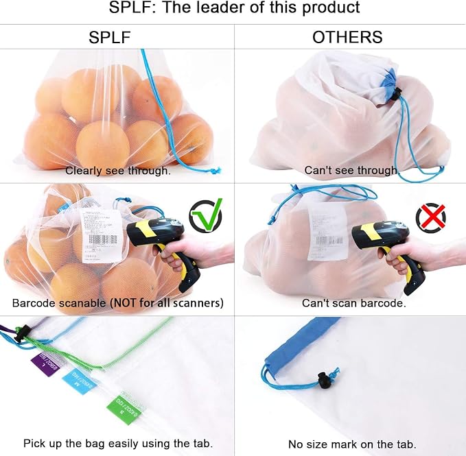 SPLF 18 Pcs Heavy Duty Reusable Mesh Produce Bags | Barcode Scanable See Through Food Safe Mesh Bags with Drawstring for Fruits, Vegetable, Food, Toys, Grocery Storage