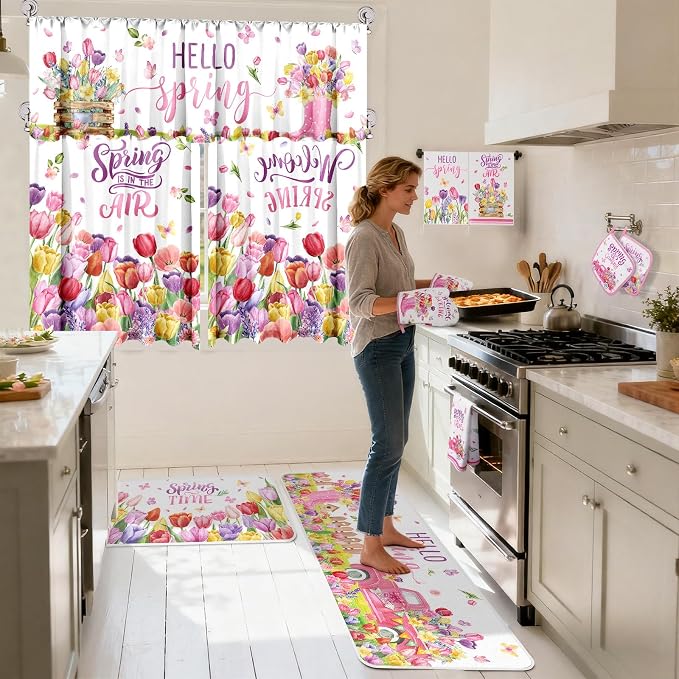 13 Pcs Hello Spring Kitchen Decor Set 3 Floral Kitchen Curtains Valance 2 Tulip Rugs and Mats 4 Spring Hand Towels 2 Paste Pot Holders 2 Oven Mitts for Home Decor Cooking Grilling Housewarming Gift