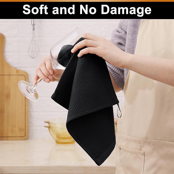 Homaxy 100% Cotton Waffle Weave Dish Cloths, 6 Pack, Black | Soft and Absorbent Dish Towels, 12 x 12 Inches Quick Dry Dish Rags