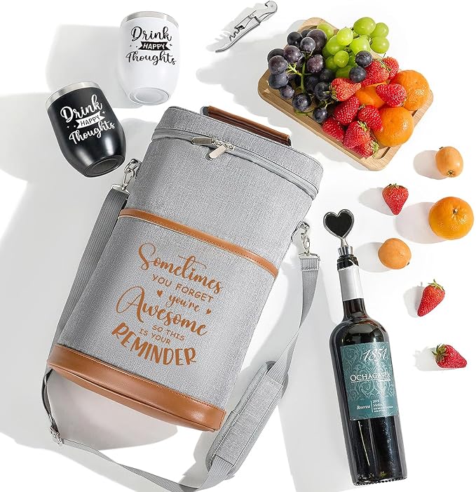 AW BRIDAL Birthday Gifts for Women Men, Drink Happy Thoughts Gift Basket for Housewarming and Beach Camping Travel, Insulated Wine Cooler Bag with Tumbler Mugs and Accessorie Set for Wine Lover Friend