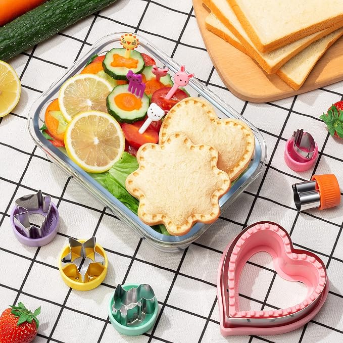 48Pcs Sandwich Cutters & Sealers for Kids Lunch, Cookie Fruit Shape Cutters | Uncrustable Sandwich Maker Vegetable Food Cutter Shapes for Toddlers, Lunch & Bento Box Accessories w/ Heart Dinosaur Unicorn