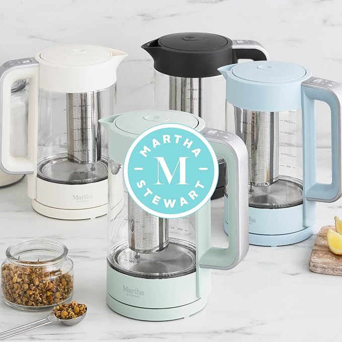Martha Stewart 1.7L Glass Carafe Electric Kettle with Removable Tea Infuser | 7 Cups, 4 Presets, Rapid Boiling, Stainless Steel Tea Leaf Infuser, Cordless Swivel Base, Keep Warm, Auto Shut-Off, Sky Blue
