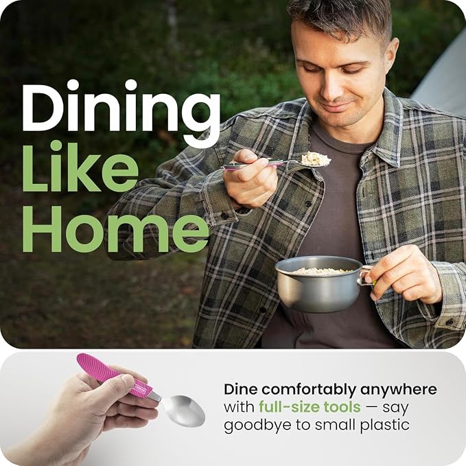 Orblue 4-in-1 Camping Eating Utensils, 2-Pack - Portable Spoon, Fork, Knife & Bottle Opener Combo Set - Stainless Steel Flatware with Detachable Fork - Travel, Backpacking Cutlery Multitool, Hot Pink