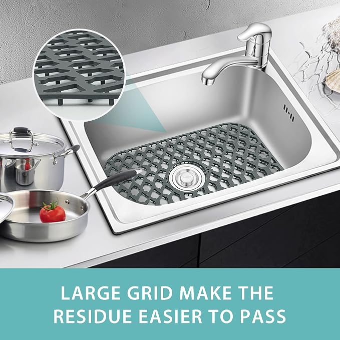 Silicone Kitchen Sink Protectors Mats - 12" 13" 14" 16" 18" 19" 21" 22" 24" 25" 26" 28" 30", Heat Resistant, Machine-wash (19”x13”, Center Drain)