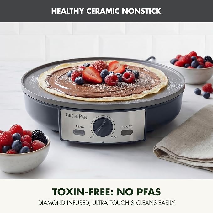 GreenPan Advanced 12" Crepe Maker, Healthy Ceramic Nonstick PFAS-Free Coating, Adjustable Temperature Control, 400°F Heating, Batter Spreader & Crepe Turner Included, Graphite