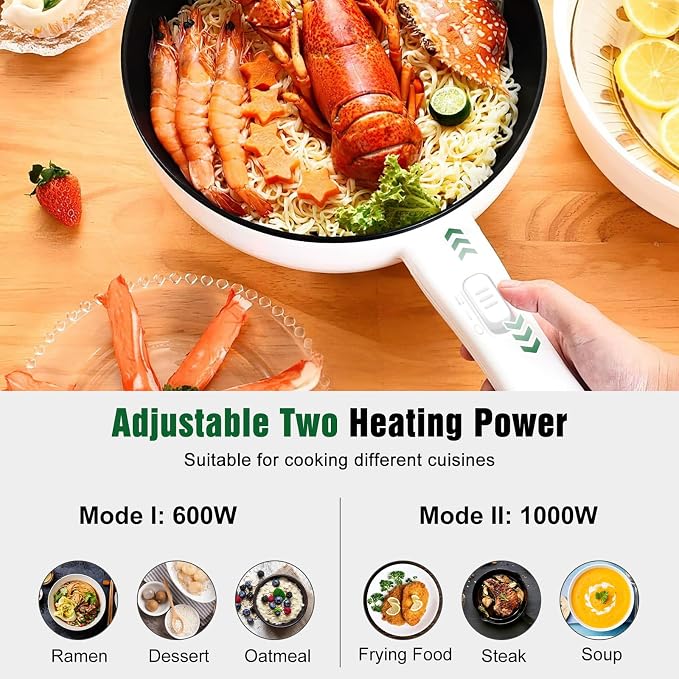 Hot Pot Electric with Steamer, 3L Non-Stick Frying Pan, Rapid Noodles Cooker Electric Pot for Steak, Egg, Fried Rice, Ramen, Soup with 2 Heating Power, Spatula