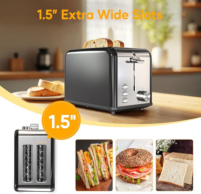 HealSmart 2-Slice Stainless Steel Toaster, 6 Browning Setting and 3 Function Toaster, Extra Wide Slot & Removable Crumb Tray, for Bread & Waffle, Black
