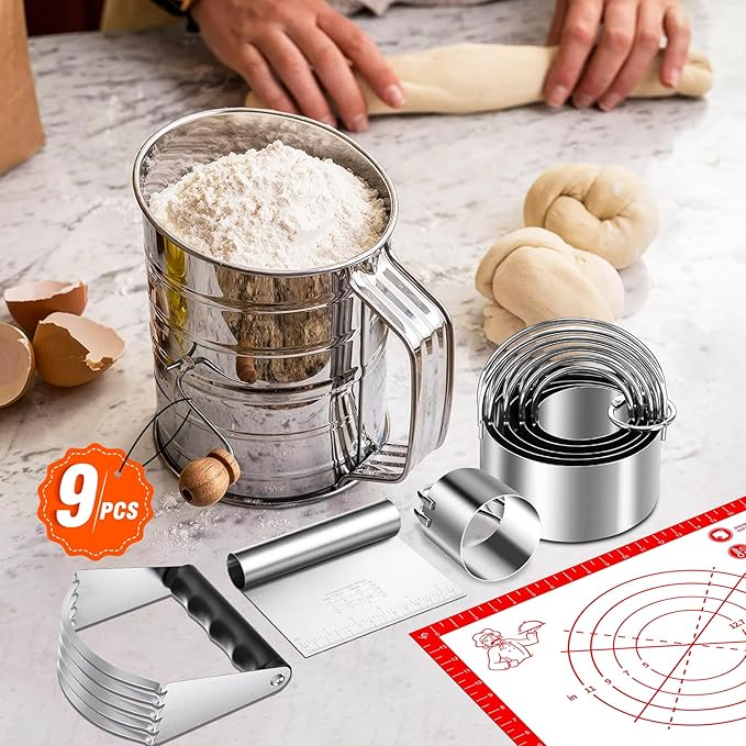 9PCS Stainless Steel Pastry Blender Set, 3 Cup Flour Sifter, Biscuit Cutter, Pastry Cutter, Dough Cutter, Silicone Baking Mats, for Cooking Cookies and Donuts, Cakes, Biscuits or Making Pancakes