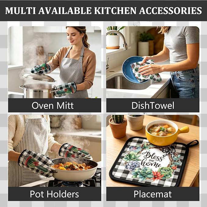 8 Pcs Kitchen Towels Pot Holders and Oven Mitt Set Kitchen Accessories 4 Dish Towels 2 Absorbent Square Potholders 2 Heat Resistant Glove for Cooking Baking Home (Green(Southwest Cactus)