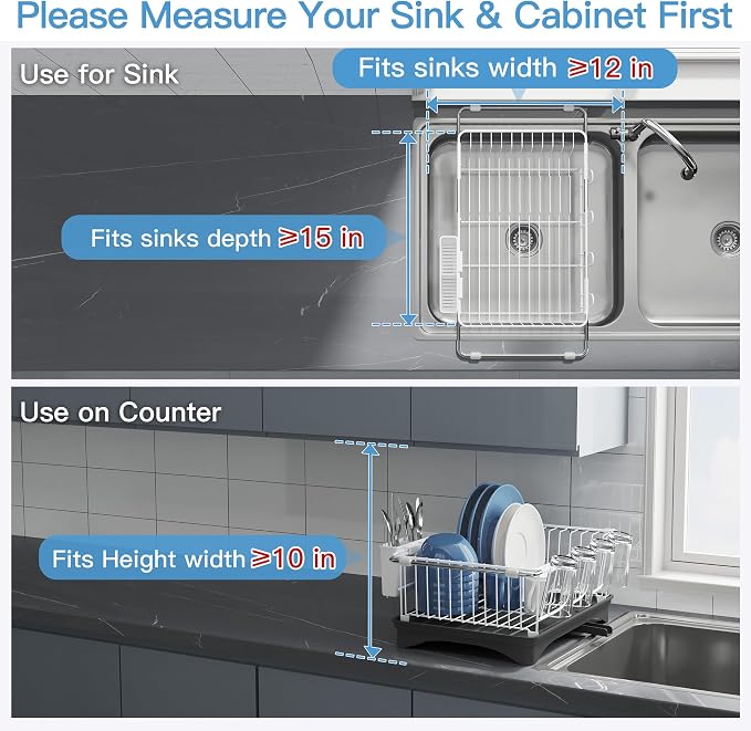 JASIWAY White Dish Drying Rack in Sink with Drainboard and Utensil Holder | Use Over the Sink or Counter, Stainless Steel Expandable Dish Drainer for Small Kitchen, Space Saving, Fast Drain, Rustproof
